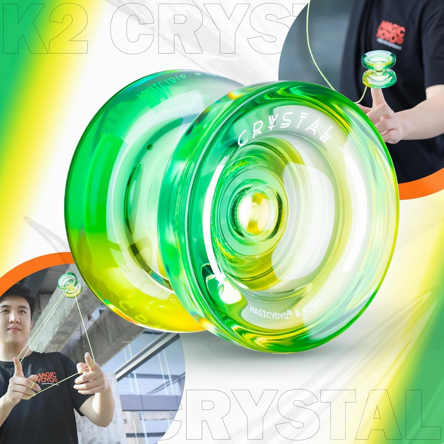 Professional Responsive Yoyo for Kids, K2 Crystal Dual Purpose Yo yo Replacement Unresponsive Yo-Yo Bearing for Intermediate, Plastic YoYo with 12 Yoyo Strings, Storage Bag (Green Yellow Gradient)
