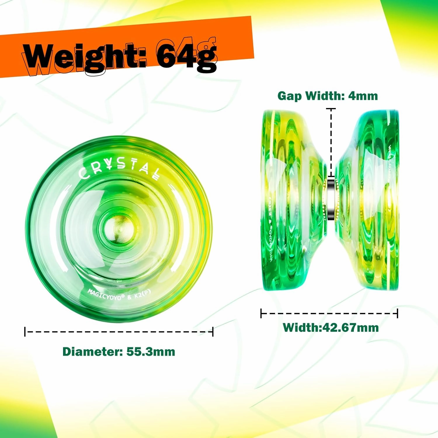 Professional Responsive Yoyo for Kids, K2 Crystal Dual Purpose Yo yo Replacement Unresponsive Yo-Yo Bearing for Intermediate, Plastic YoYo with 12 Yoyo Strings, Storage Bag (Green Yellow Gradient)