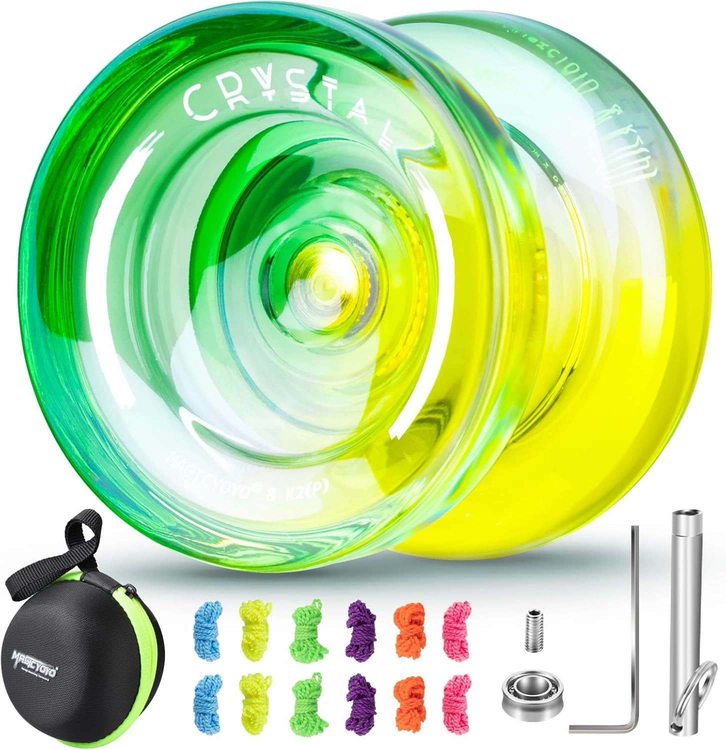 Professional Responsive Yoyo for Kids, K2 Crystal Dual Purpose Yo yo Replacement Unresponsive Yo-Yo Bearing for Intermediate, Plastic YoYo with 12 Yoyo Strings, Storage Bag (Green Yellow Gradient)