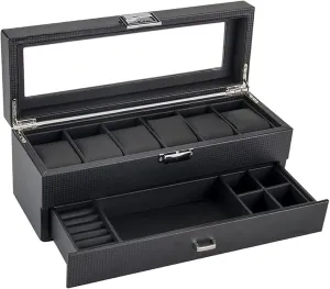 PU Leather Watch Box, Double Layer, Storage Box for Watches with 6 Slots, Transparent Top Drawer with Lock for Sunglasses, Watch Storage Box