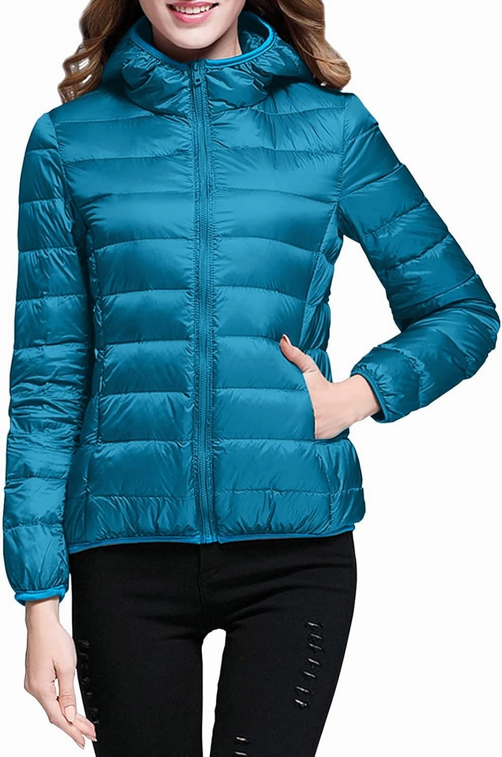 Puffer Jacket Womens with Hood Winter Warm Packable Bubble Jacket Lightweight Slim Fit Short Duck Down Coat