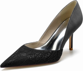 Pumps for Women Pointed Toe Stiletto High Heels Lace Satin Slip-On Wedding Shoes Ideal for Business Office Dress Weddings Fashion Events,Black,8.5