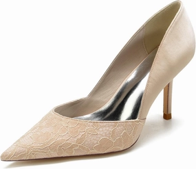 Pumps for Women Pointed Toe Stiletto High Heels Lace Satin Slip-On Wedding Shoes Ideal for Business Office Dress Weddings Fashion Events,Champagne,10