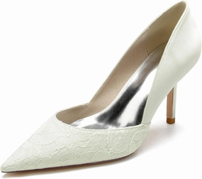 Pumps for Women Pointed Toe Stiletto High Heels Lace Satin Slip-On Wedding Shoes Ideal for Business Office Dress Weddings Fashion Events,Ivory,9