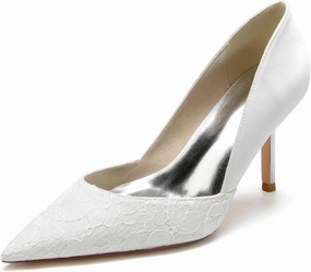 Pumps for Women Pointed Toe Stiletto High Heels Lace Satin Slip-On Wedding Shoes Ideal for Business Office Dress Weddings Fashion Events,White,8