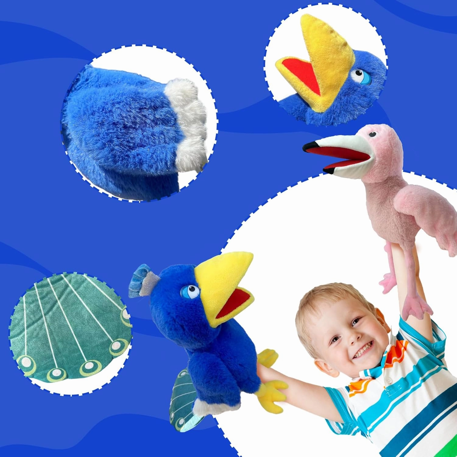Puppets Peacock Hand Puppet,13.8" Animal Puppet Peacock Puppets Bird Stuffed Animal Hand Puppets for Kids with Movable Mouth,Puppet Plush Multi-Color Toy Bird Puppet Role Play Teaching(Blue)
