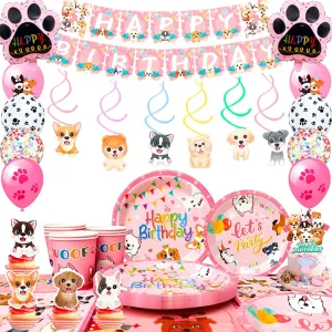 Puppy Birthday Decorations, Pink Dog Tableware for 16 Guests Pink Puppy Plates Cups Napkins Dog Birthday Banner Balloons Cupcake Toppers etc Dog Birthday Party Supplies