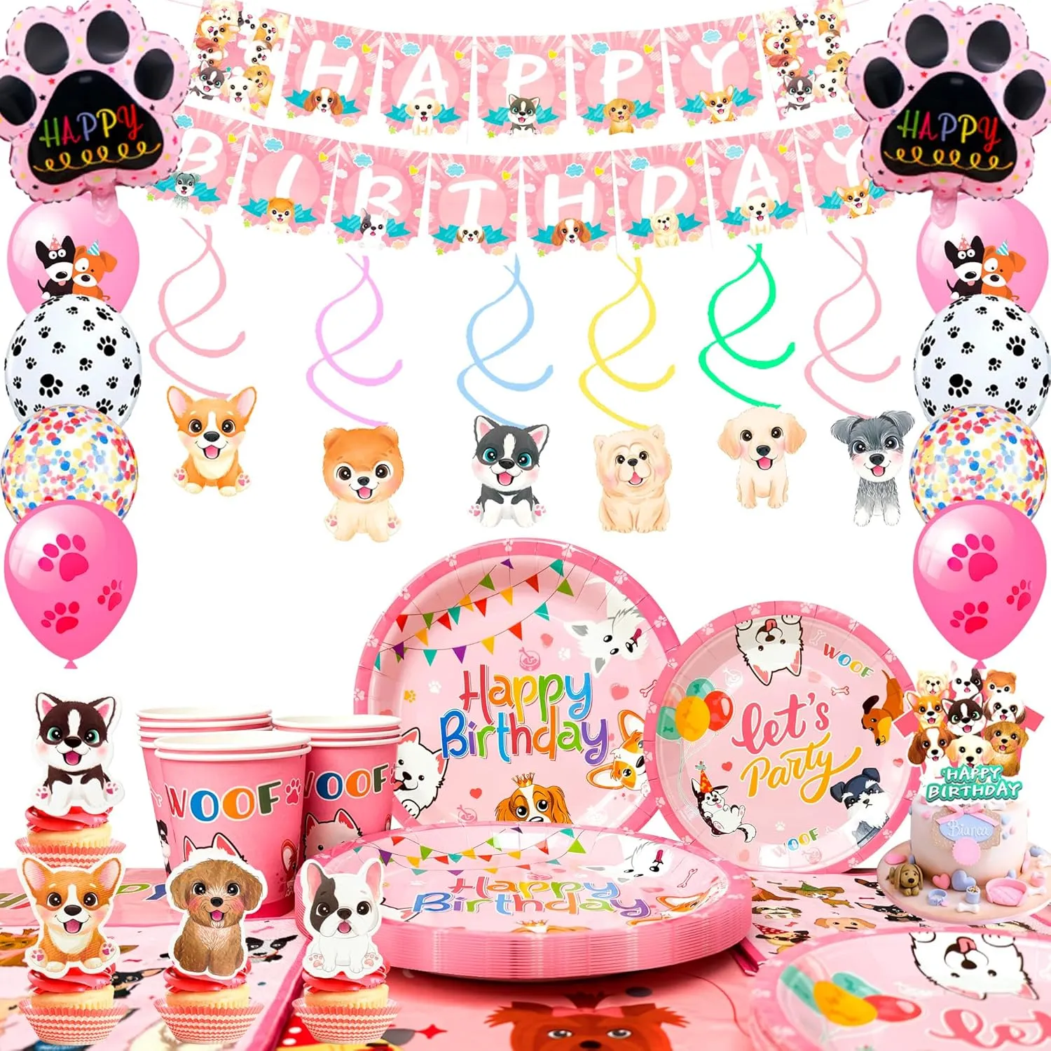 Puppy Birthday Decorations, Pink Dog Tableware for 16 Guests Pink Puppy Plates Cups Napkins Dog Birthday Banner Balloons Cupcake Toppers etc Dog Birthday Party Supplies