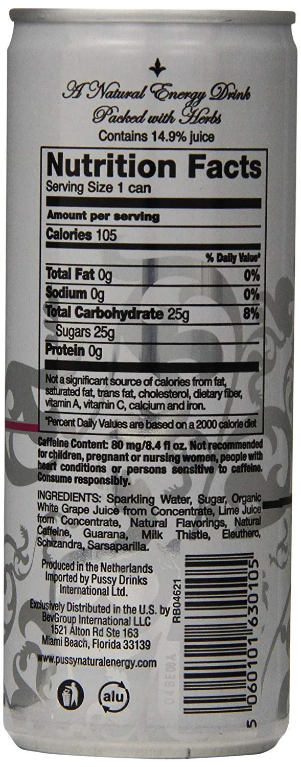 Pussy's Natural Energy Drink - Carbonated Energy Drinks Pack of 6-250ml - All Natural Caffeine Drinks - ILIOS Packaging.