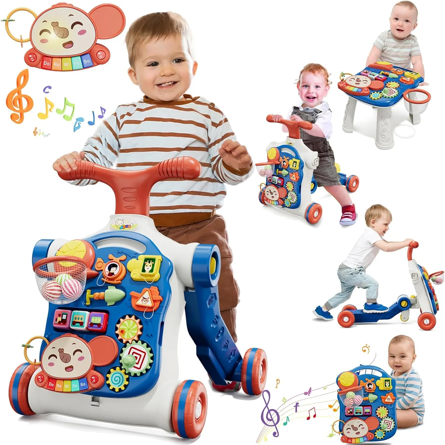 QDRAGON 5 in 1 Push Walkers for Baby Boys, Toddler Learning to Walk, Sit to Stand Walker, Early Learning Push Toy for Infant 12  Months, Navy Blue