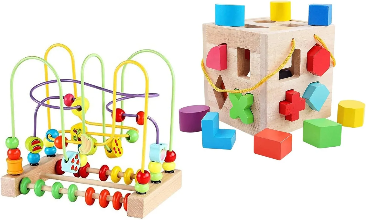 QZMTOY Wooden Shape Sorter（19pcs Blocks） and Fruits Bead Maze with Abacus for Toddlers