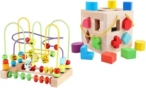 QZMTOY Wooden Shape Sorter（19pcs Blocks） and Fruits Bead Maze with Abacus for Toddlers