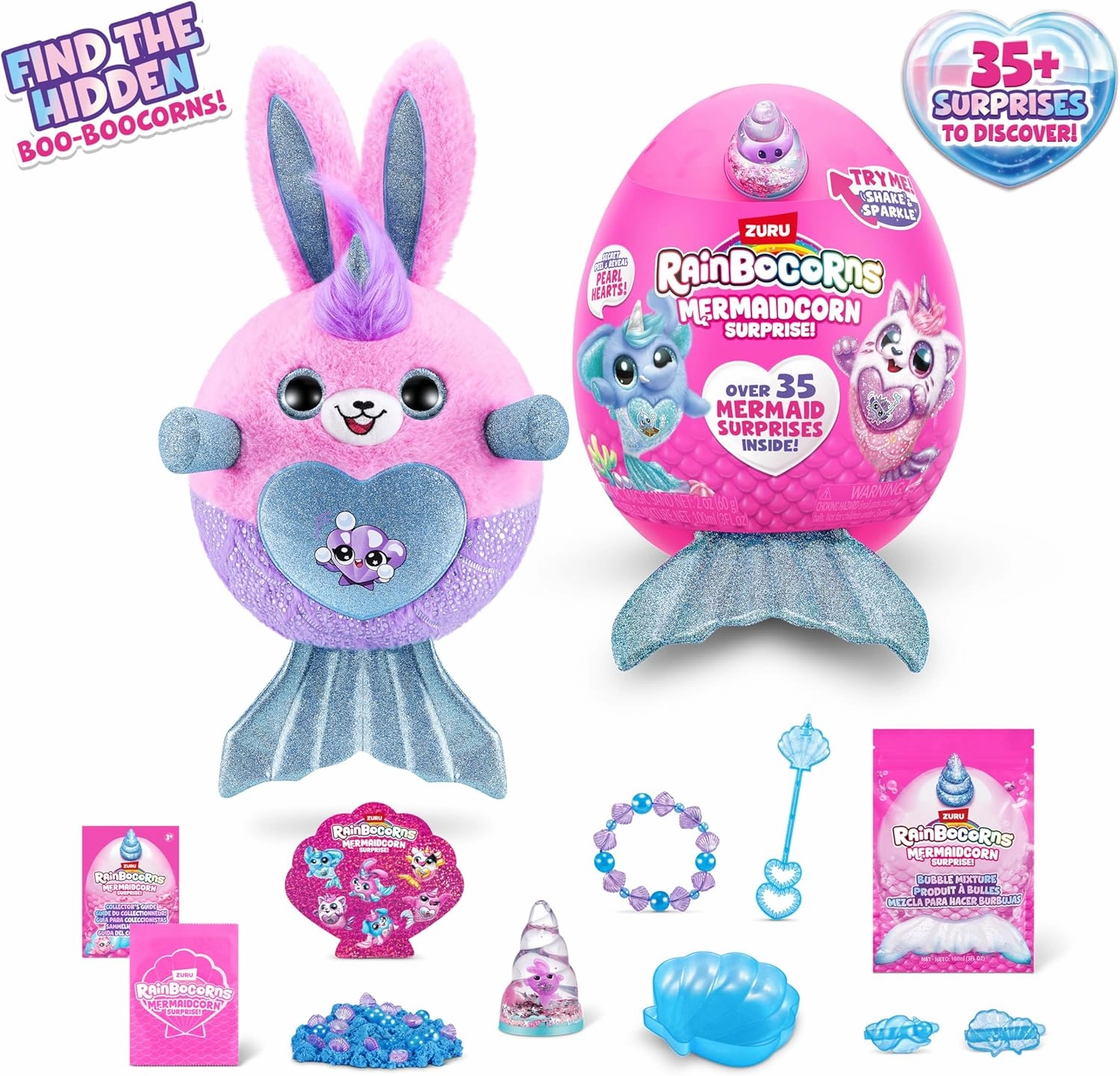 Rainbocorns Mermaidcorn (Bunny) by ZURU, Collectible Plush, Mermaid Surprises, Cuddle Plush Stuffed Animal, Surprise Egg, Stickers, Magic Sands & Bubble Mixture, for Girls 3  Up
