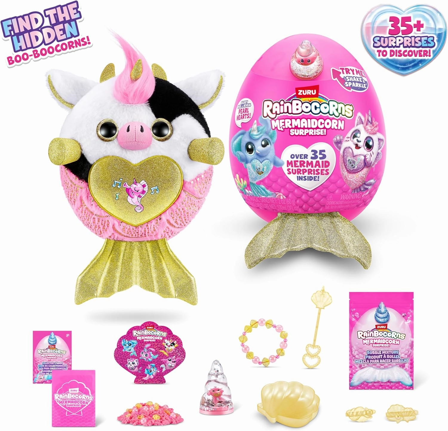 Rainbocorns Mermaidcorn (Cow) by ZURU, Collectible Plush, Mermaid Surprises, Cuddle Plush Stuffed Animal, Surprise Egg, Stickers, Magic Sands & Bubble Mixture, for Girls 3  Up