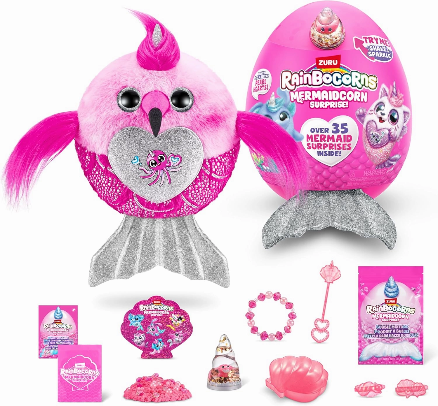 Rainbocorns Mermaidcorn (Flamingo) by ZURU, Collectible Plush, Mermaid Surprises, Cuddle Plush Stuffed Animal, Surprise Egg, Stickers, Magic Sands & Bubble Mixture, for Girls 3  Up