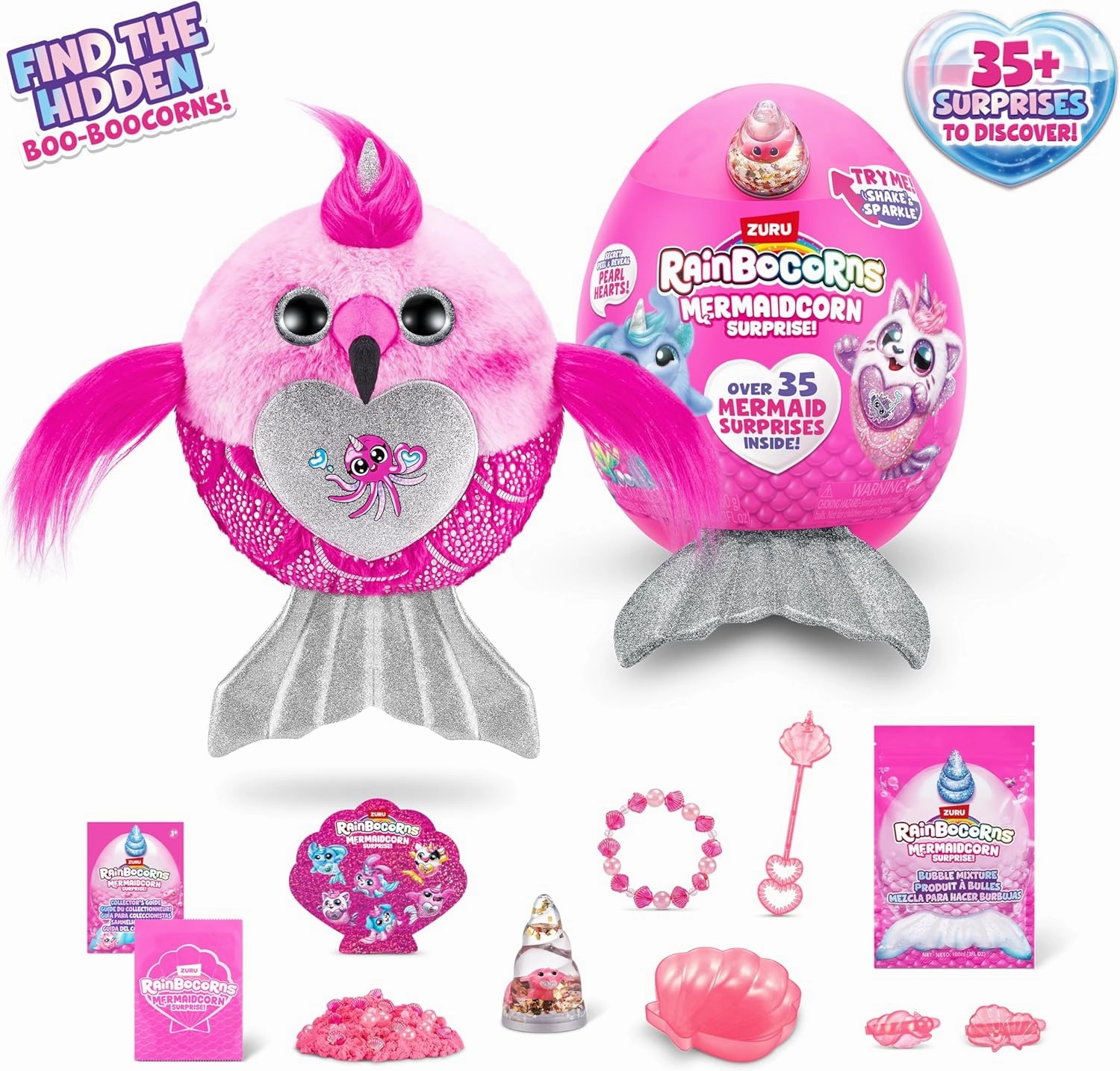 Rainbocorns Mermaidcorn (Flamingo) by ZURU, Collectible Plush, Mermaid Surprises, Cuddle Plush Stuffed Animal, Surprise Egg, Stickers, Magic Sands & Bubble Mixture, for Girls 3  Up