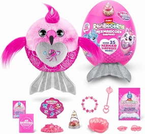 Rainbocorns Mermaidcorn (Flamingo) by ZURU, Collectible Plush, Mermaid Surprises, Cuddle Plush Stuffed Animal, Surprise Egg, Stickers, Magic Sands & Bubble Mixture, for Girls 3  Up