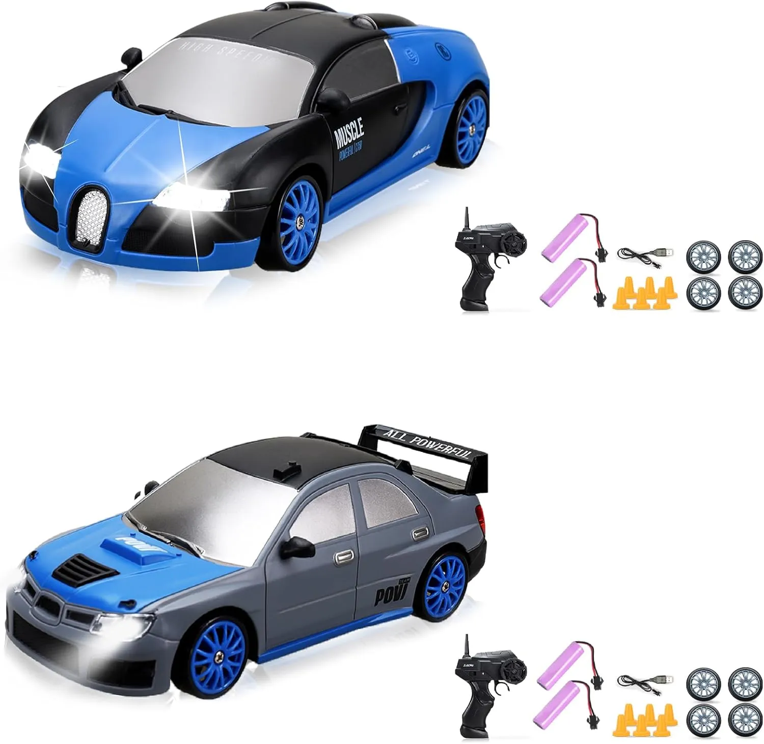 RC Cars Remote Control Car, 1/24 2.4GHz 4WD Drift Car High Speed RC Cars Racing Cars with Cool Lights, Two Rechargeable Batteries and Extra Tires Toy Car for Kids Boys Adults