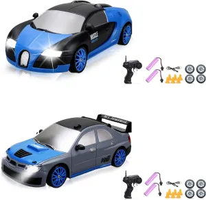 RC Cars Remote Control Car, 1/24 2.4GHz 4WD Drift Car High Speed RC Cars Racing Cars with Cool Lights, Two Rechargeable Batteries and Extra Tires Toy Car for Kids Boys Adults