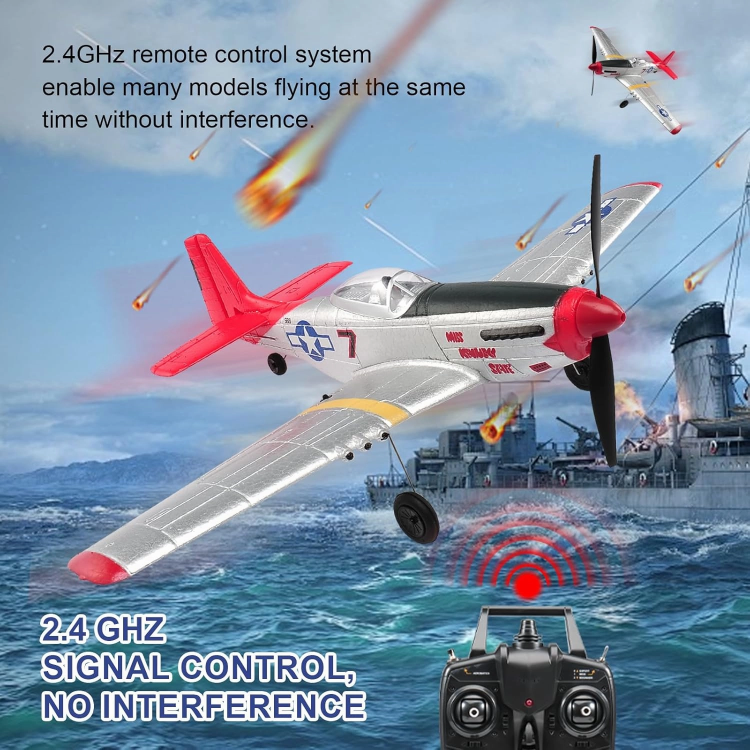 RC Plane P51D Mustang Remote Control Airplane Fighter Toys,2.4GHz 6-axis Gyro Stabilizer RC Airplane RTF Glider Aircraft Plane with 2 Batteries,Easy to Fly for Adults Kids Beginners Boys