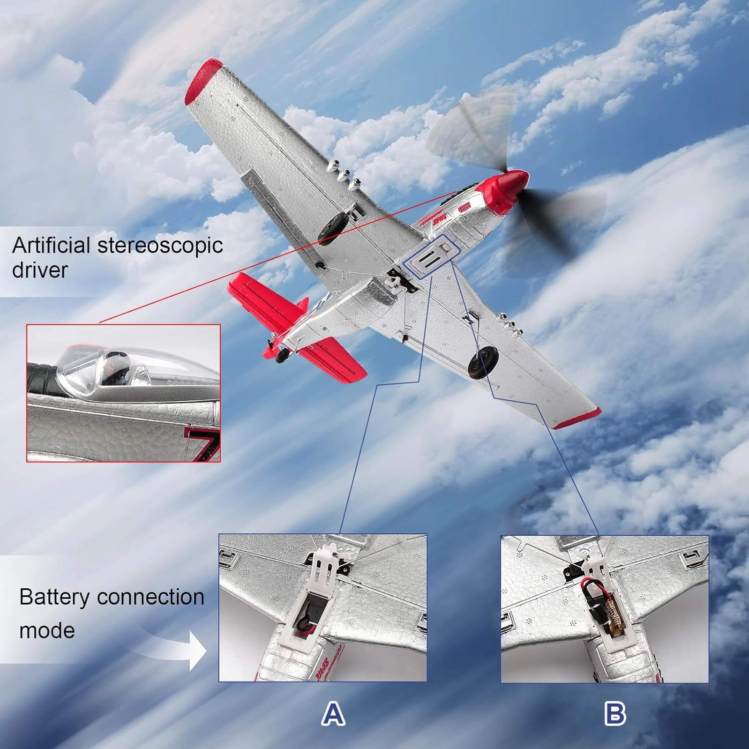 RC Plane P51D Mustang Remote Control Airplane Fighter Toys,2.4GHz 6-axis Gyro Stabilizer RC Airplane RTF Glider Aircraft Plane with 2 Batteries,Easy to Fly for Adults Kids Beginners Boys