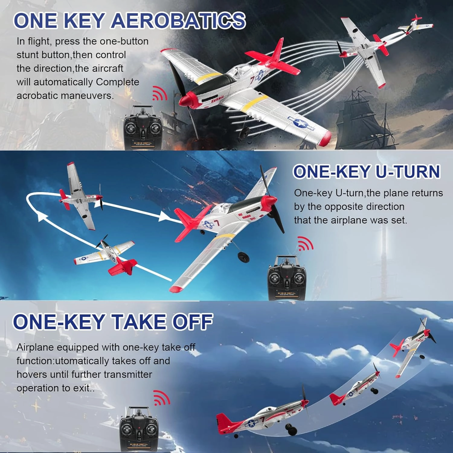 RC Plane P51D Mustang Remote Control Airplane Fighter Toys,2.4GHz 6-axis Gyro Stabilizer RC Airplane RTF Glider Aircraft Plane with 2 Batteries,Easy to Fly for Adults Kids Beginners Boys