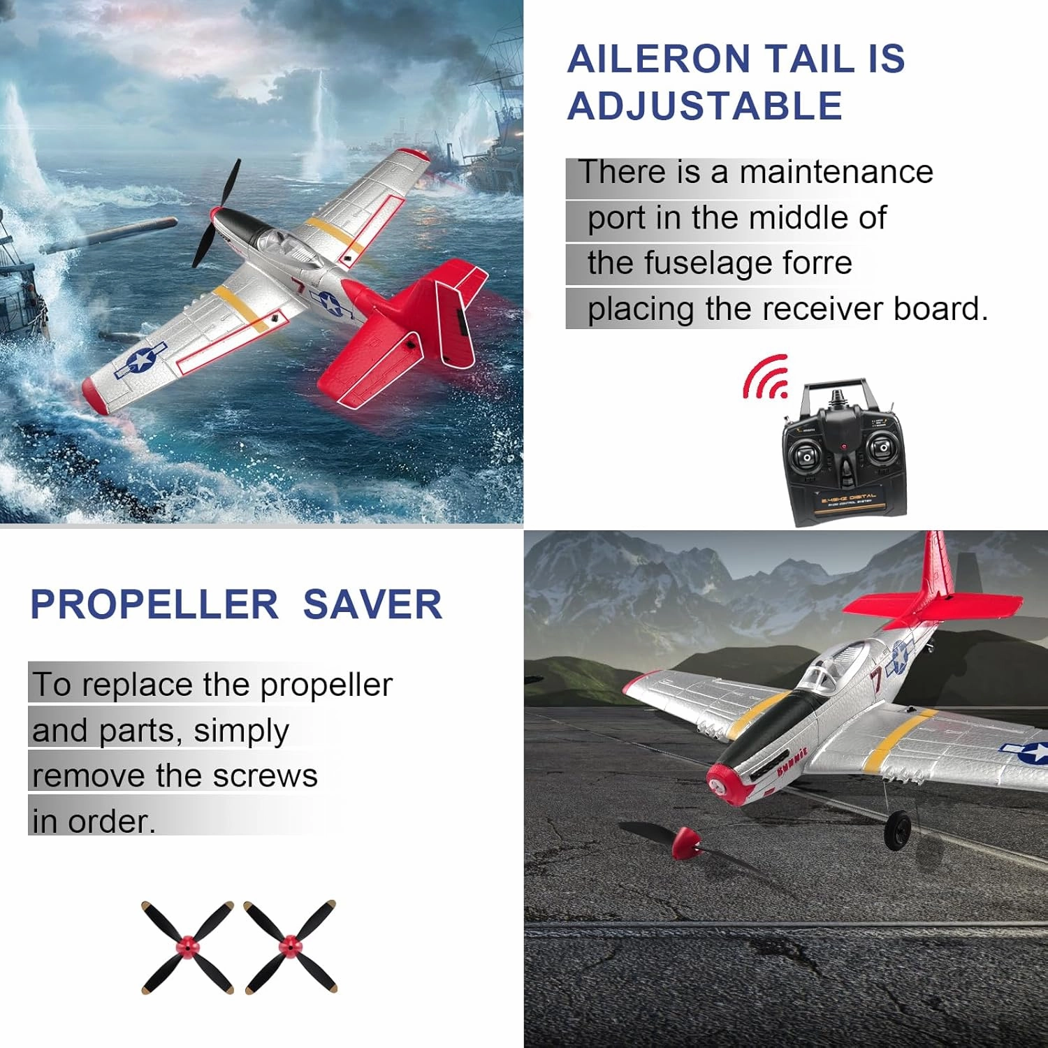 RC Plane P51D Mustang Remote Control Airplane Fighter Toys,2.4GHz 6-axis Gyro Stabilizer RC Airplane RTF Glider Aircraft Plane with 2 Batteries,Easy to Fly for Adults Kids Beginners Boys