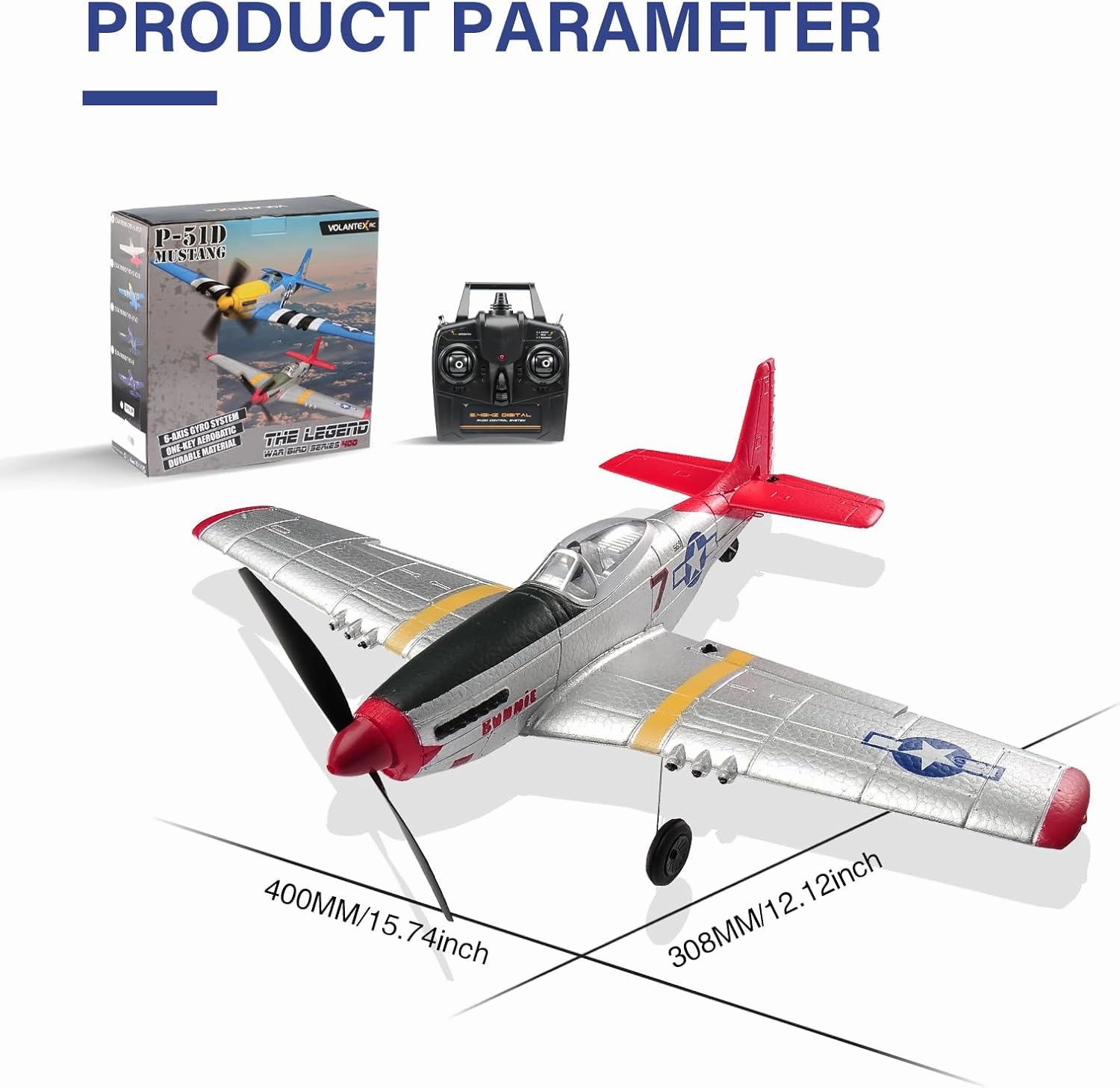 RC Plane P51D Mustang Remote Control Airplane Fighter Toys,2.4GHz 6-axis Gyro Stabilizer RC Airplane RTF Glider Aircraft Plane with 2 Batteries,Easy to Fly for Adults Kids Beginners Boys