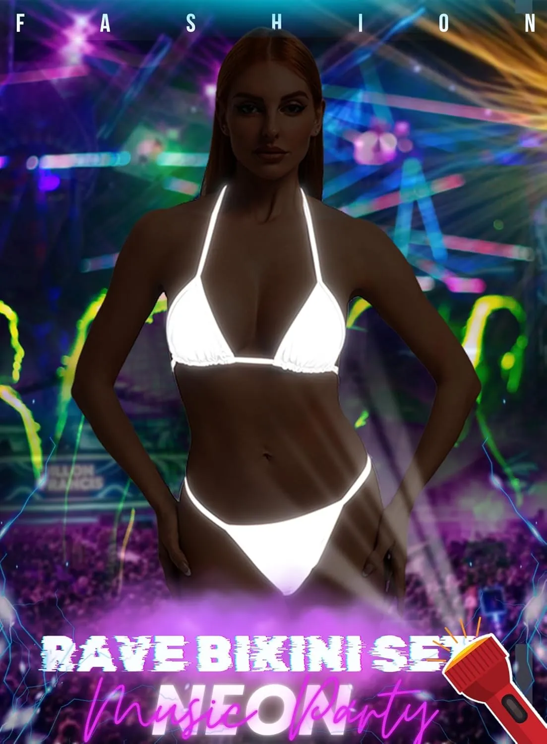 Reflective Rave Outfits for Women - Sexy Shiny Festival Halter Triangle Top Thong EDM Night Metallic Bikini Set