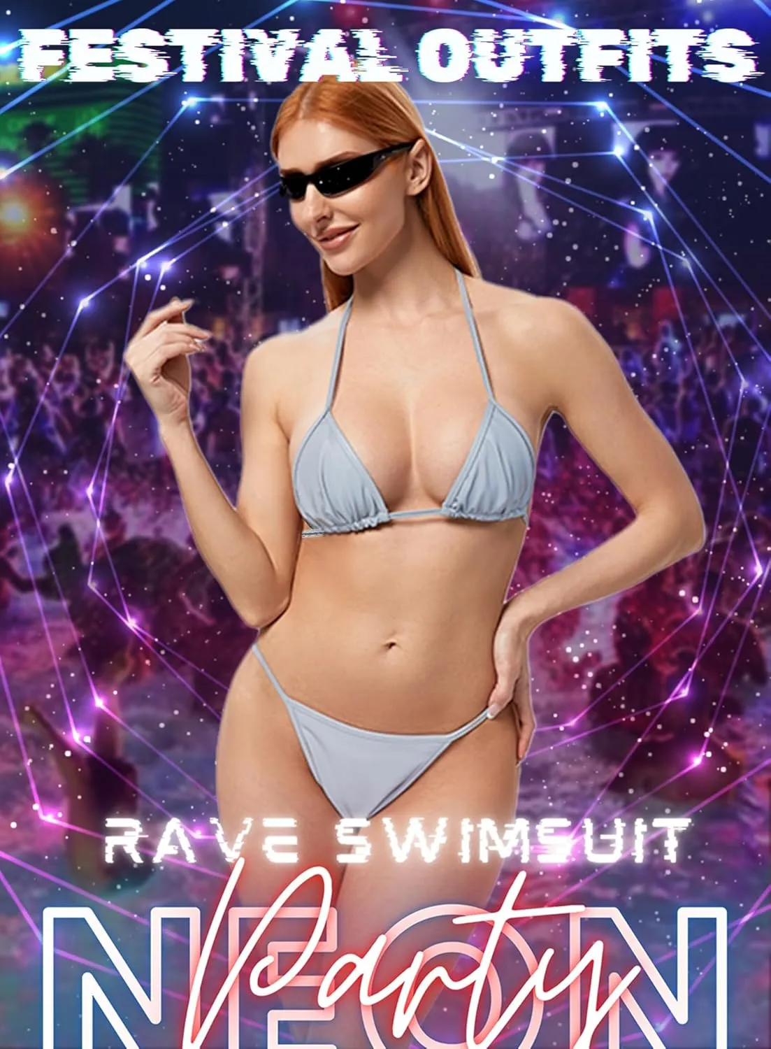 Reflective Rave Outfits for Women - Sexy Shiny Festival Halter Triangle Top Thong EDM Night Metallic Bikini Set
