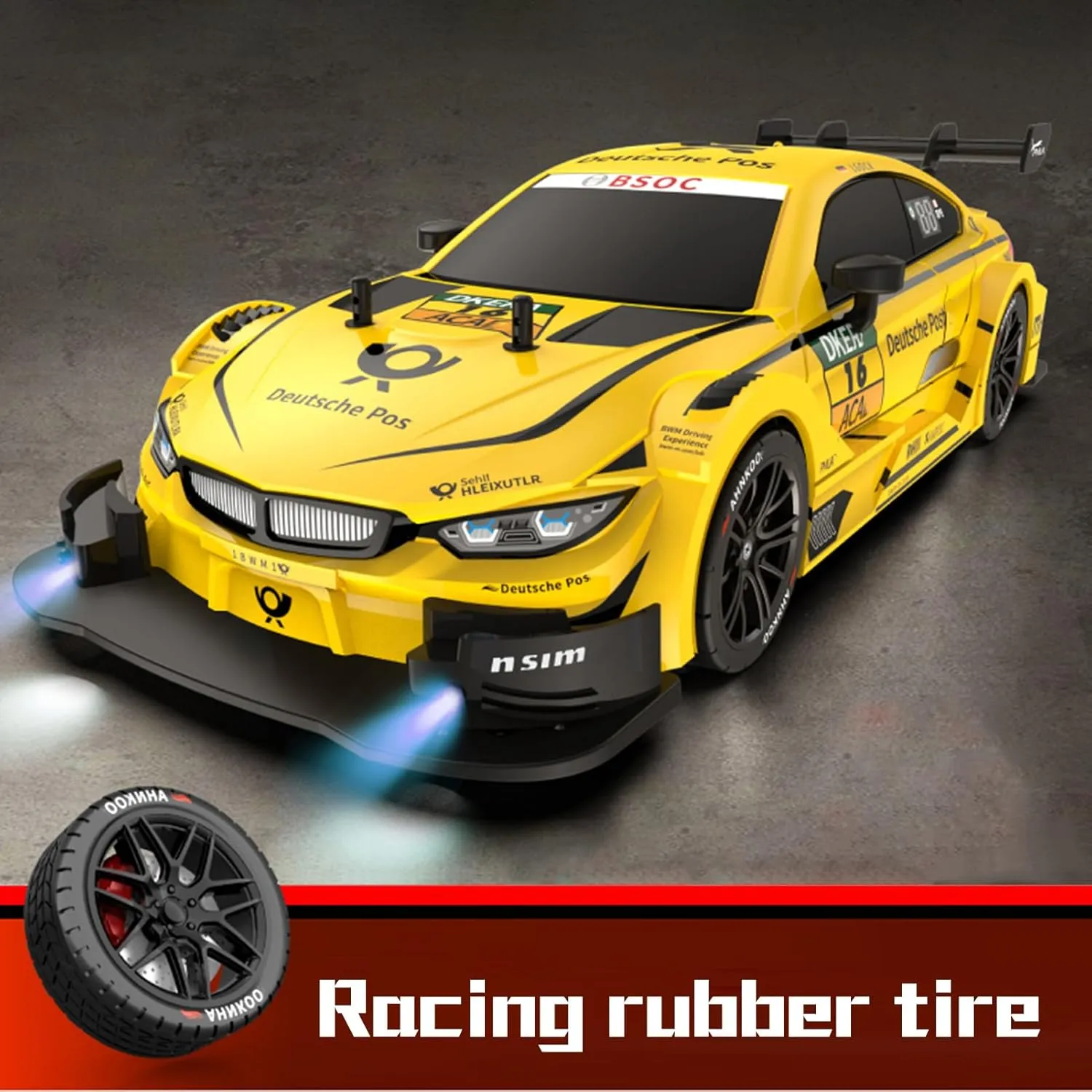 Remote Control Car RC Drift Car, 1:16 Scale Electric RC Car with LED Lights 2.4GHz 4WD 40km/h RTR High Speed Racing Sport Toy Car for Adults Boys Girls Kids Gifts (Yellow)