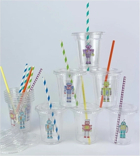 Robot Party Cups with Lids and Straws, 12 oz, Set of 12, Kids Birthday Party Supplies