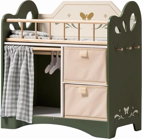 ROBOTIME Baby Doll Crib, Wooden Doll Bed, Toy Baby Crib with Storage, Bedding, and Wooden Hooks, Doll Crib Fits Dolls up to 22’’, Doll Furniture for American Girls Ages 3  (Green)