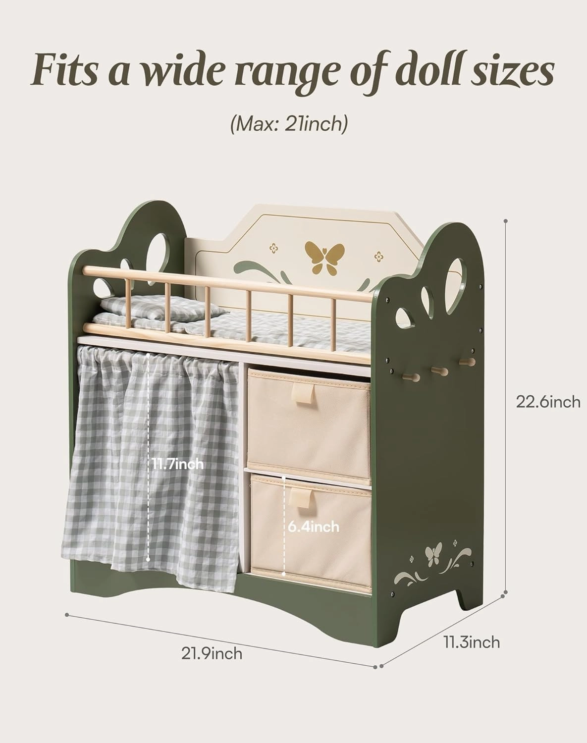 ROBOTIME Baby Doll Crib, Wooden Doll Bed, Toy Baby Crib with Storage, Bedding, and Wooden Hooks, Doll Crib Fits Dolls up to 22’’, Doll Furniture for American Girls Ages 3  (Green)