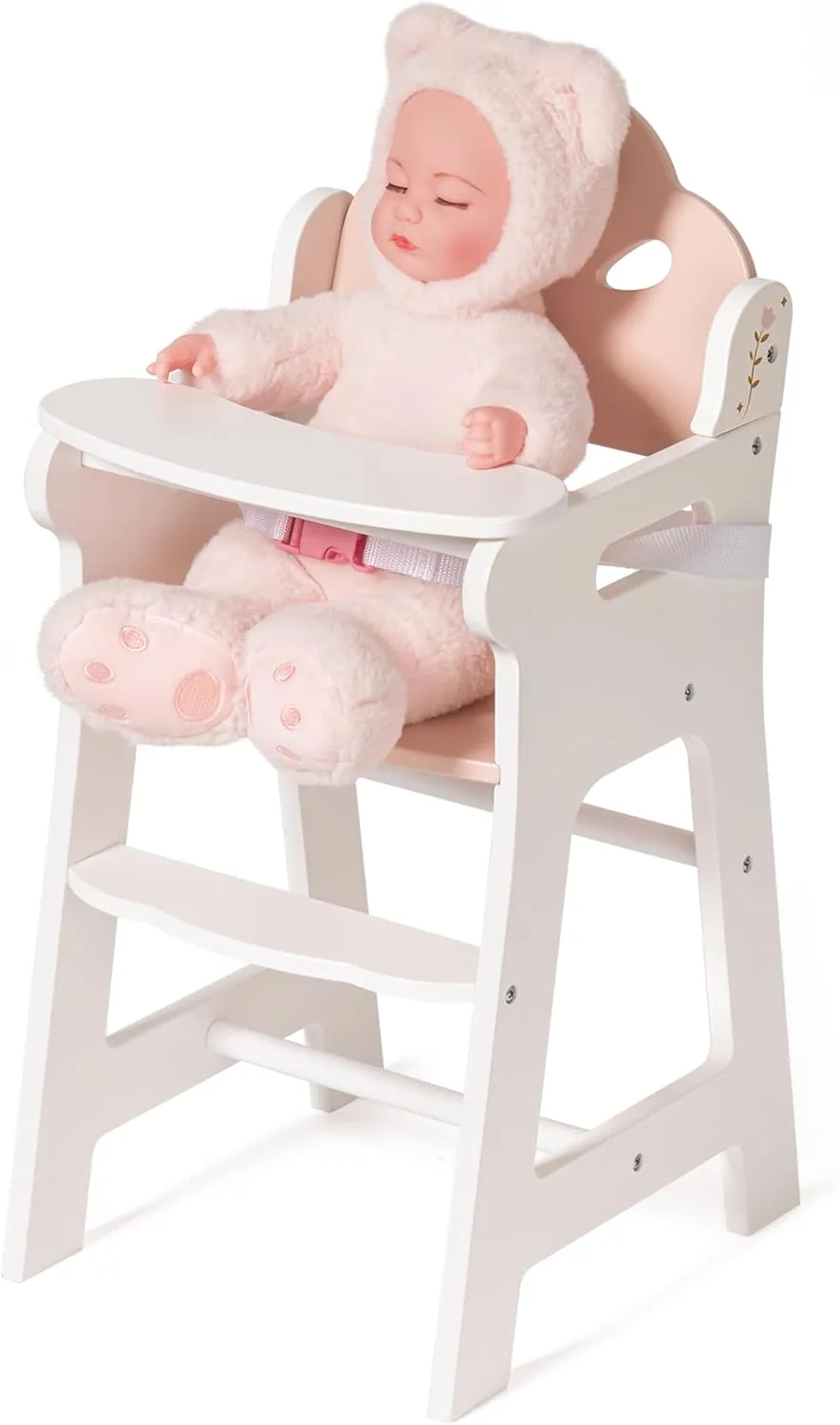 ROBUD Baby Doll High Chair, Pretend Play High Chair with Seat Belt, White Wooden Baby Doll Accessories with Movable Tabletop, Fits 18-20 Inch Dolls, WRP27