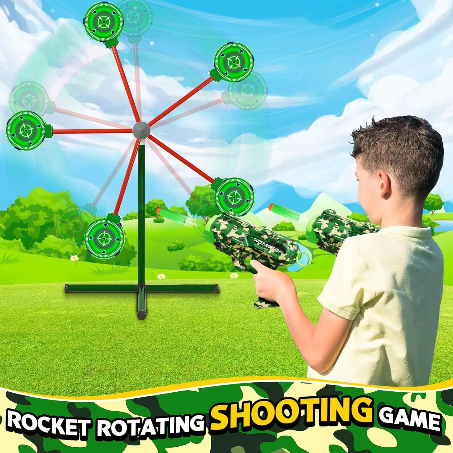 Rocket Shooting Games Toys with Rotating Target 2 Toy Guns 20 Foam Darts Kids Outdoor Toys for Boys Age 5 6 7 8 9 10  Year Old Carnival Games Compatible with Nerf Guns (Green)