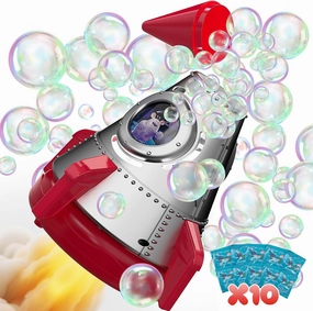 Rocket Bubble Machine for Kids with Lights, 360° Rotating Bubble Blower Toy with 10 Refill Solutions, Bubble Maker for Toddlers, Fun Outdoor Party Gift for Boys & Girls RED