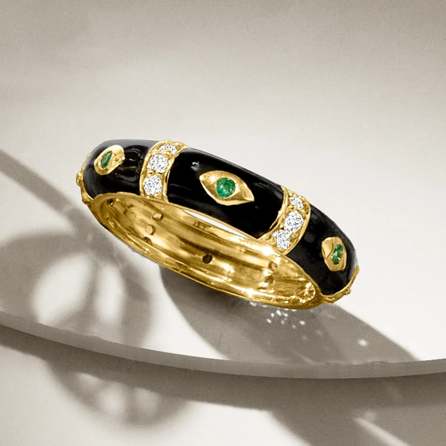 Ross-Simons 0.30 ct. t.w. White Topaz Evil Eye Ring With Emerald Accents and Black Enamel in 18kt Gold Over Sterling