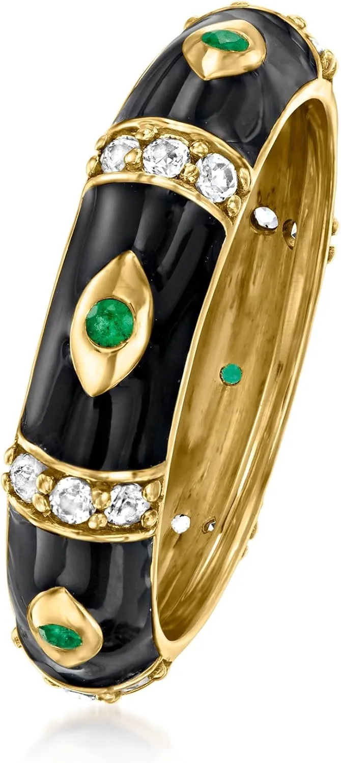 Ross-Simons 0.30 ct. t.w. White Topaz Evil Eye Ring With Emerald Accents and Black Enamel in 18kt Gold Over Sterling