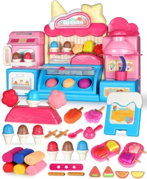 RSEPD Ice Cream Toys for Toddlers, Ice Cream Truck Counter Air Dry Clay Kit Play Set Rainbow Swirl Smoothie Modeling Maker Shop Pretend Kitchen Adults Scoops Cone for Kids Interactive Toys