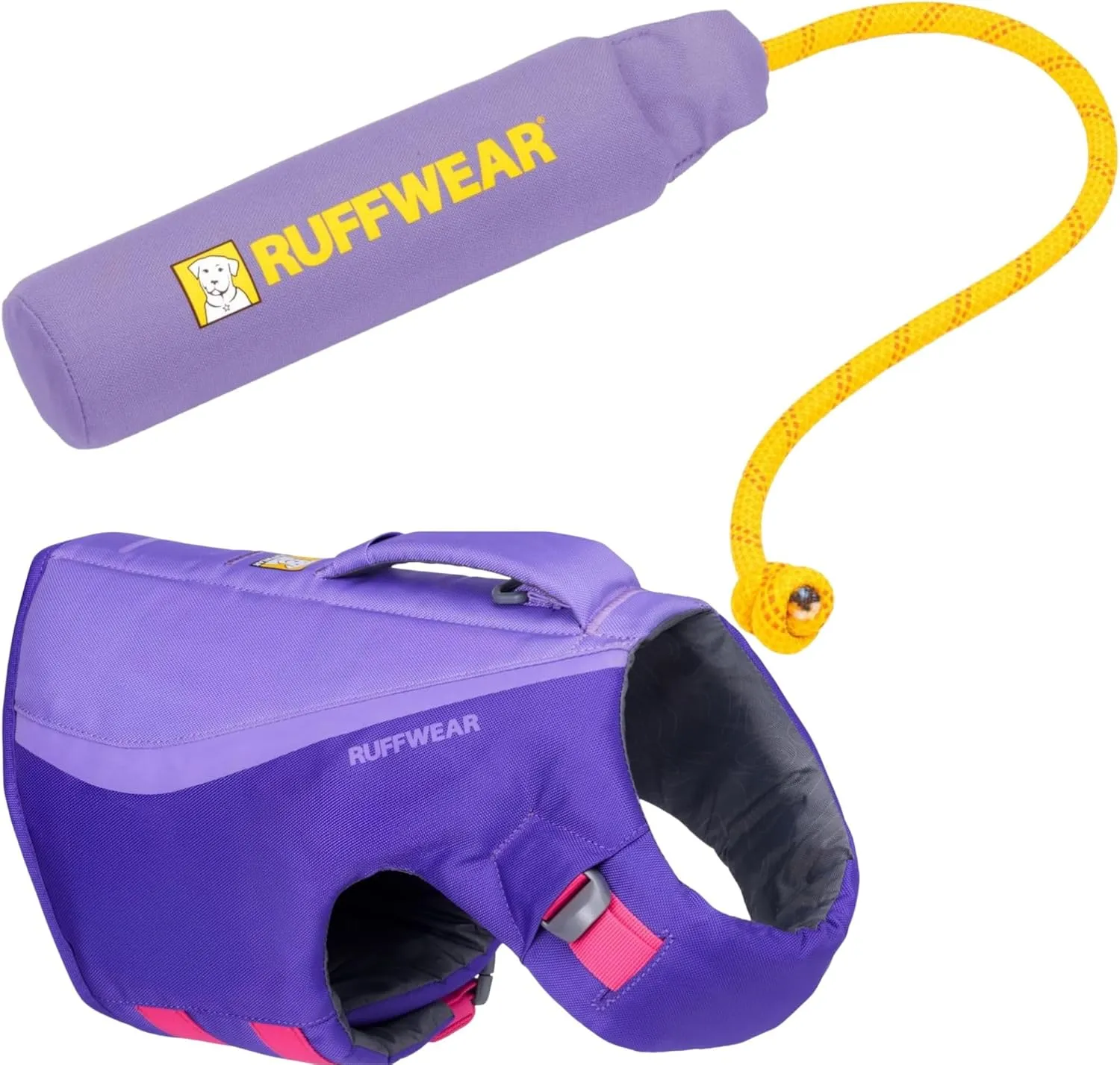 Ruffwear, Float Coat Dog Life Jacket & Lunker Toy Bundle – Adjustable Dog Life Vest for Swimming with Floating Tug Toy for Fetch & Water Play, for Small, Medium & Large Dogs, Purple Lily, X-Small