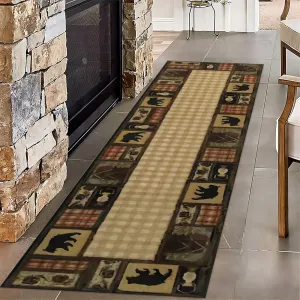 Rustic Cabin Country Long Hallway Rug Runners, 4x10ft, Vintage Animal Bear Print Runner for Entryway, Durable Soft Non Slip Hallway Carpet, Fade Resistant Low Pile Throw Rug for Indoor Entry