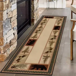 Rustic Cabin Lodge Runner Rugs, 4X10ft,Black Bear Bear Paw Pinecone Entrance Rug, Soft Washable Non Slip Bathroom Carpet, with Non Slip Backing Breathable Home Decor Mat for Front Door Hallway