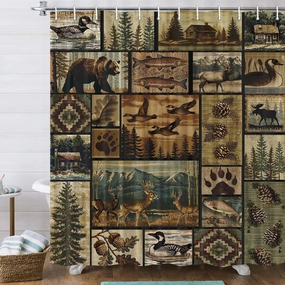 Rustic Bear Lodge Shower Curtain, Cabin Retro Bear Moose Lodge Vintage Farmhouse Shower Curtain Sets, Wild Duck Pines Fish Mountain Hill Retro Barhroom Curtain with Hooks, 71X84 Inches.