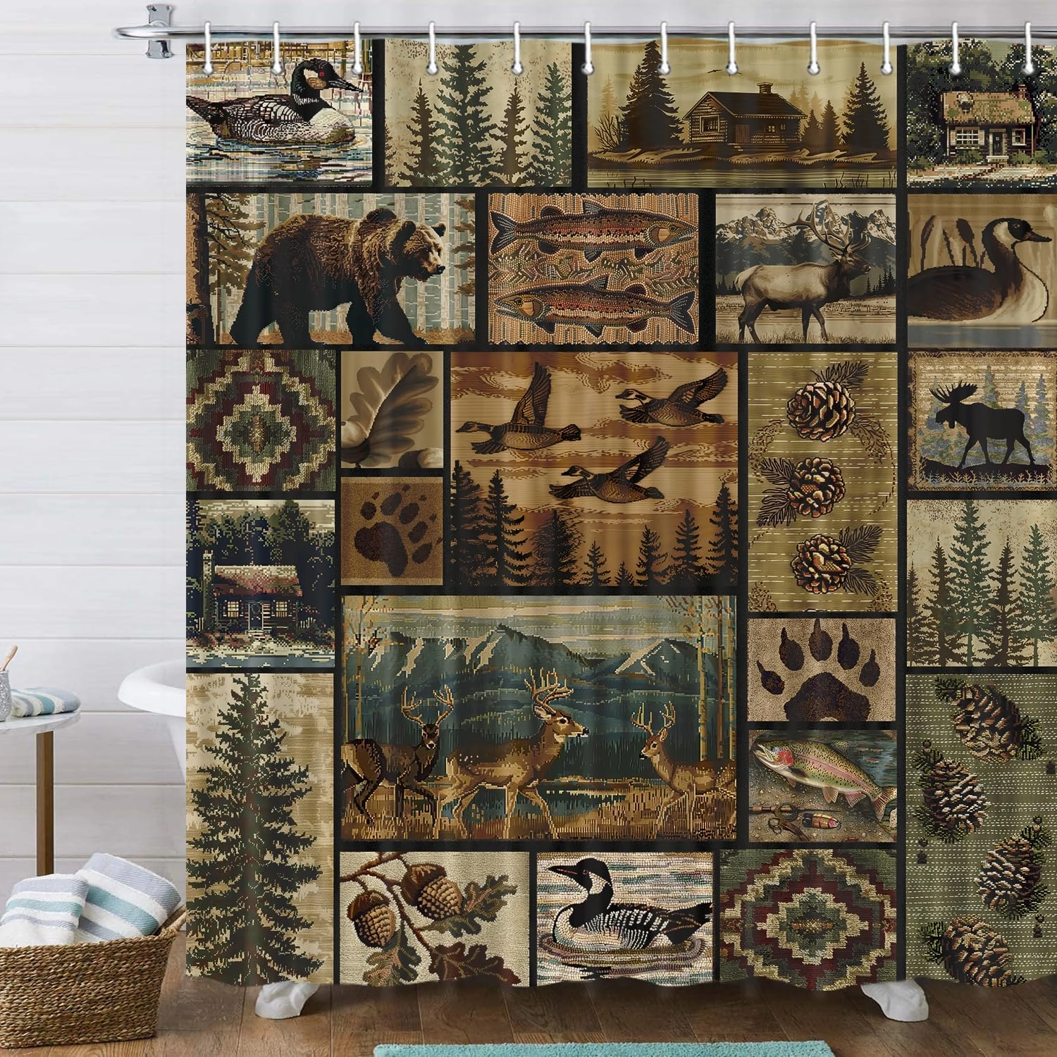 Rustic Bear Lodge Shower Curtain, Cabin Retro Bear Moose Lodge Vintage Farmhouse Shower Curtain Sets, Wild Duck Pines Fish Mountain Hill Retro Barhroom Curtain with Hooks, 71X84 Inches.