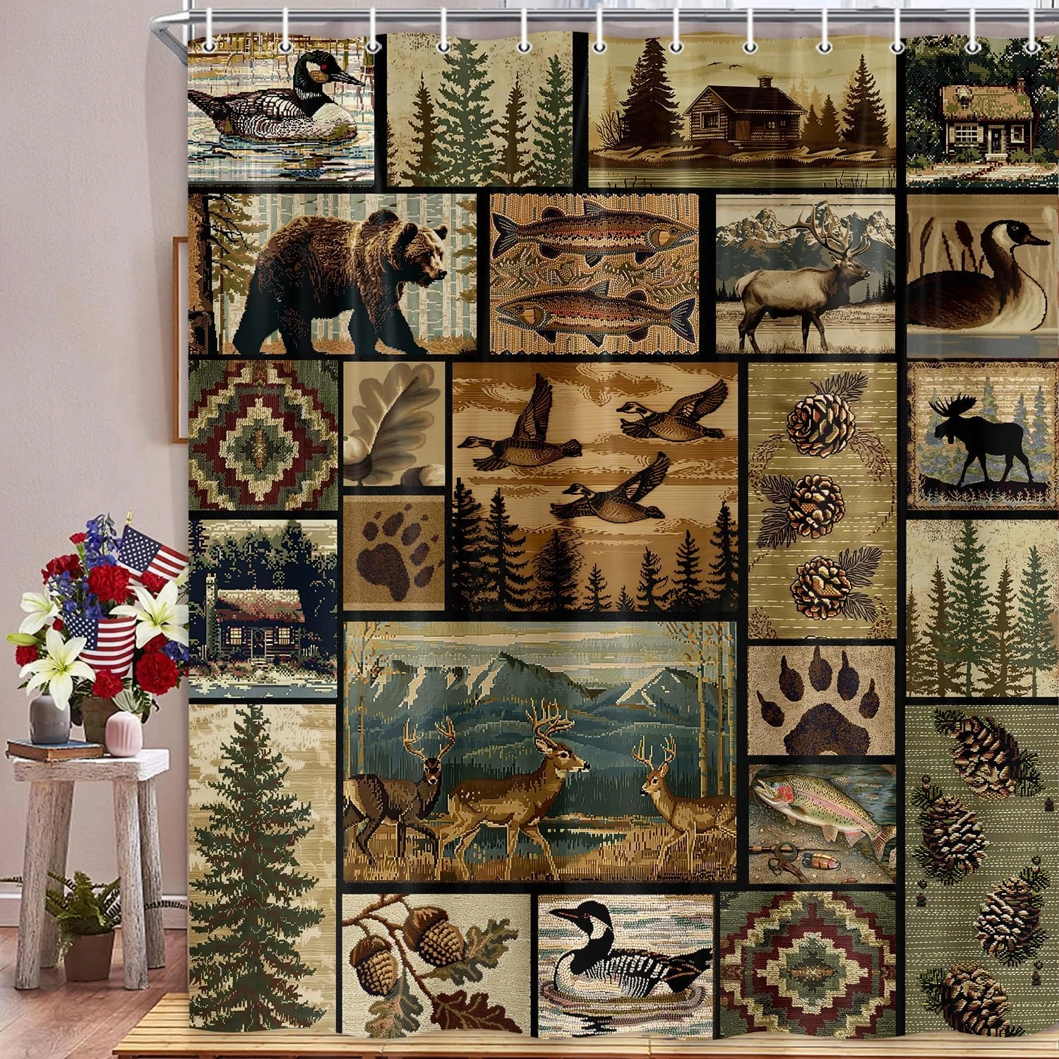 Rustic Bear Lodge Shower Curtain, Cabin Retro Bear Moose Lodge Vintage Farmhouse Shower Curtain Sets, Wild Duck Pines Fish Mountain Hill Retro Barhroom Curtain with Hooks, 71X84 Inches.