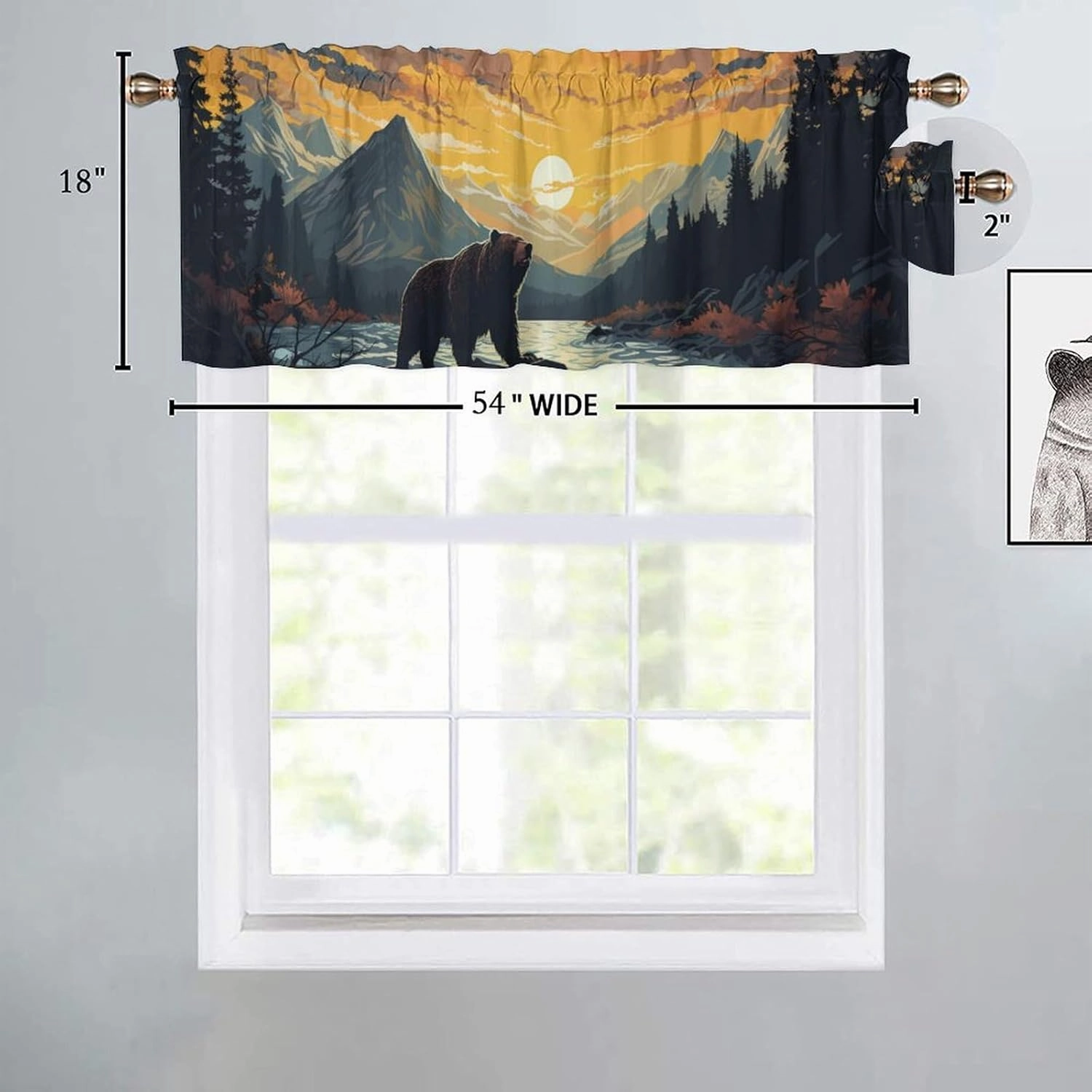 Rustic Bear Printed Window Curtains Valances for Kitchen Country Cabin Lake Lodge Forest Mountain Privacy Decorative Rod Pocket Short Window Valance Curtains 54 by 18 in, 2 Panel