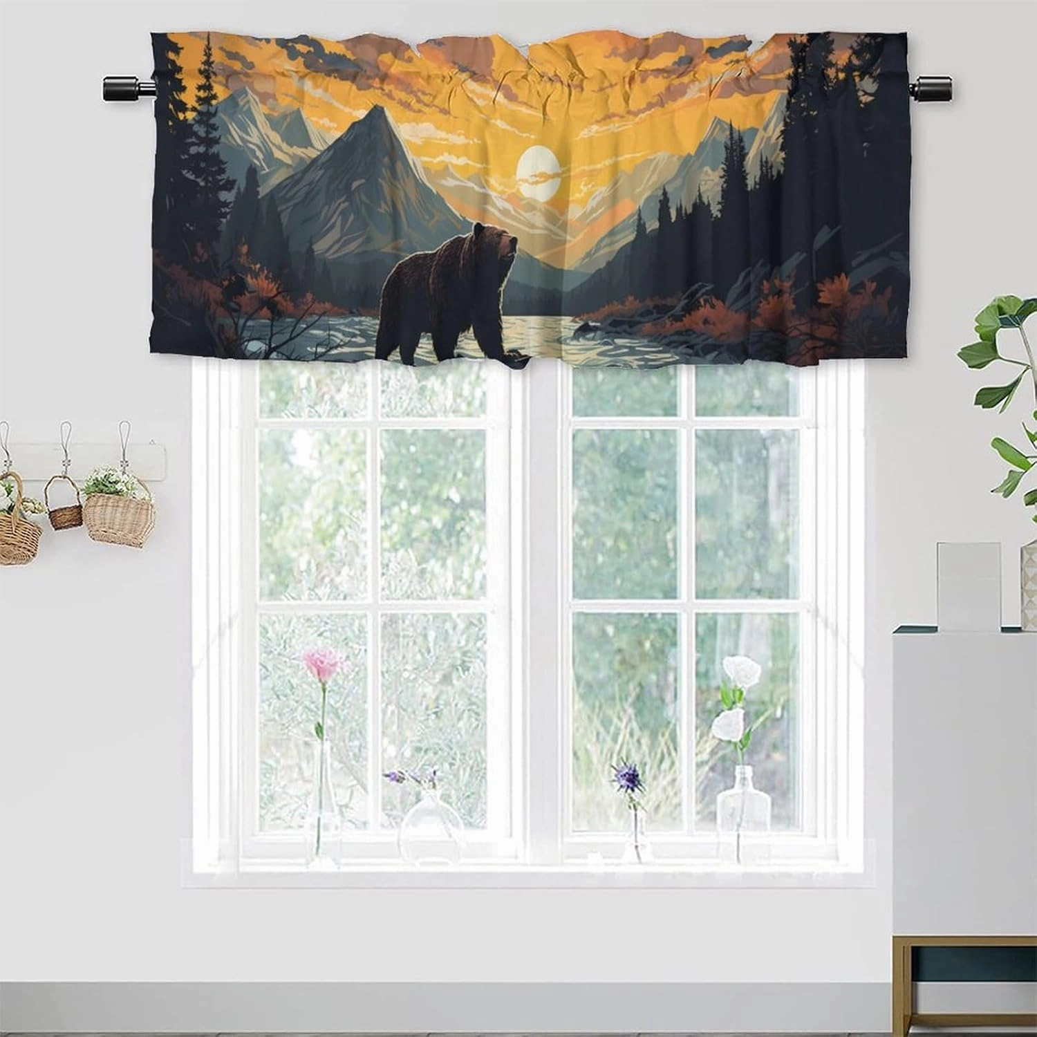 Rustic Bear Printed Window Curtains Valances for Kitchen Country Cabin Lake Lodge Forest Mountain Privacy Decorative Rod Pocket Short Window Valance Curtains 54 by 18 in, 2 Panel