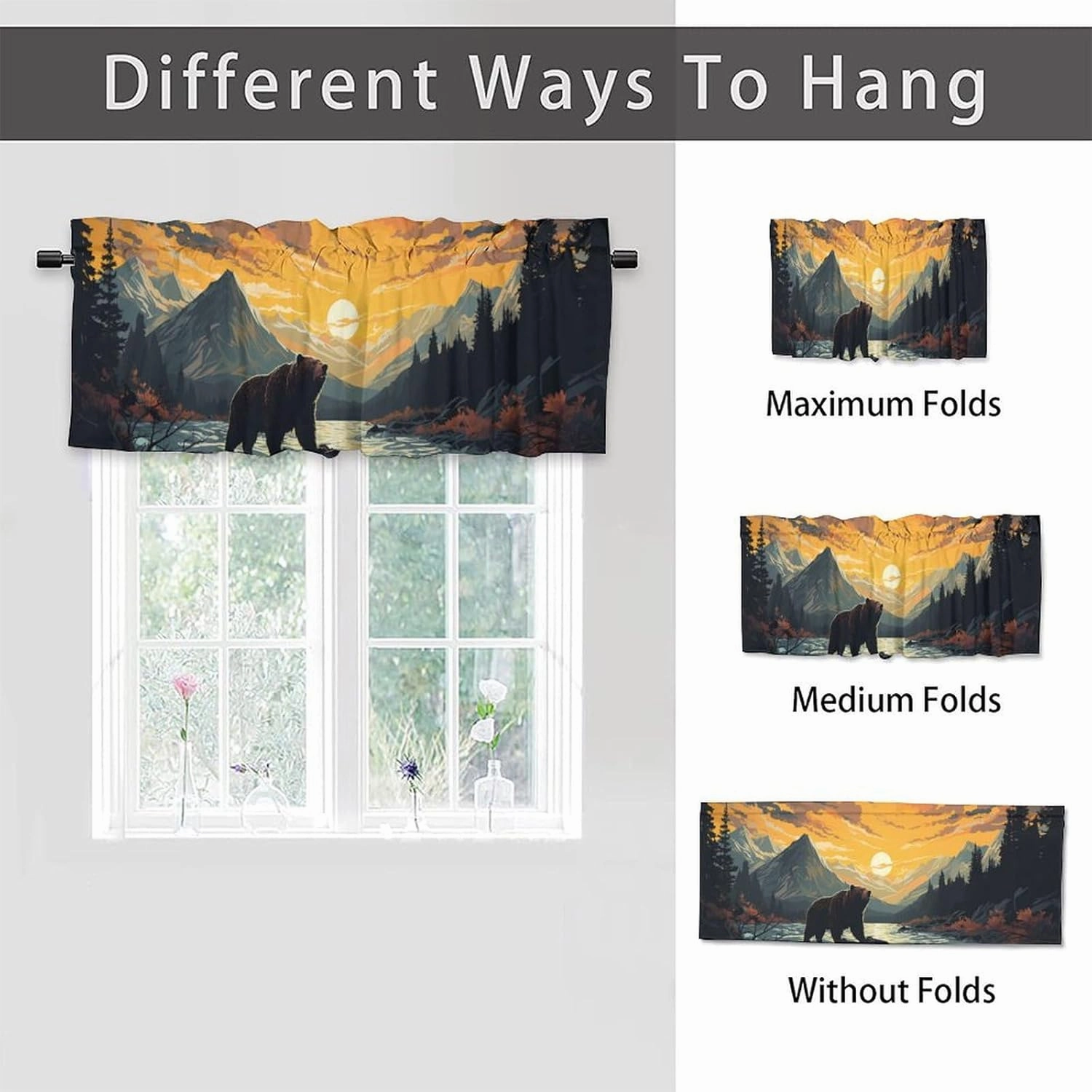 Rustic Bear Printed Window Curtains Valances for Kitchen Country Cabin Lake Lodge Forest Mountain Privacy Decorative Rod Pocket Short Window Valance Curtains 54 by 18 in, 2 Panel