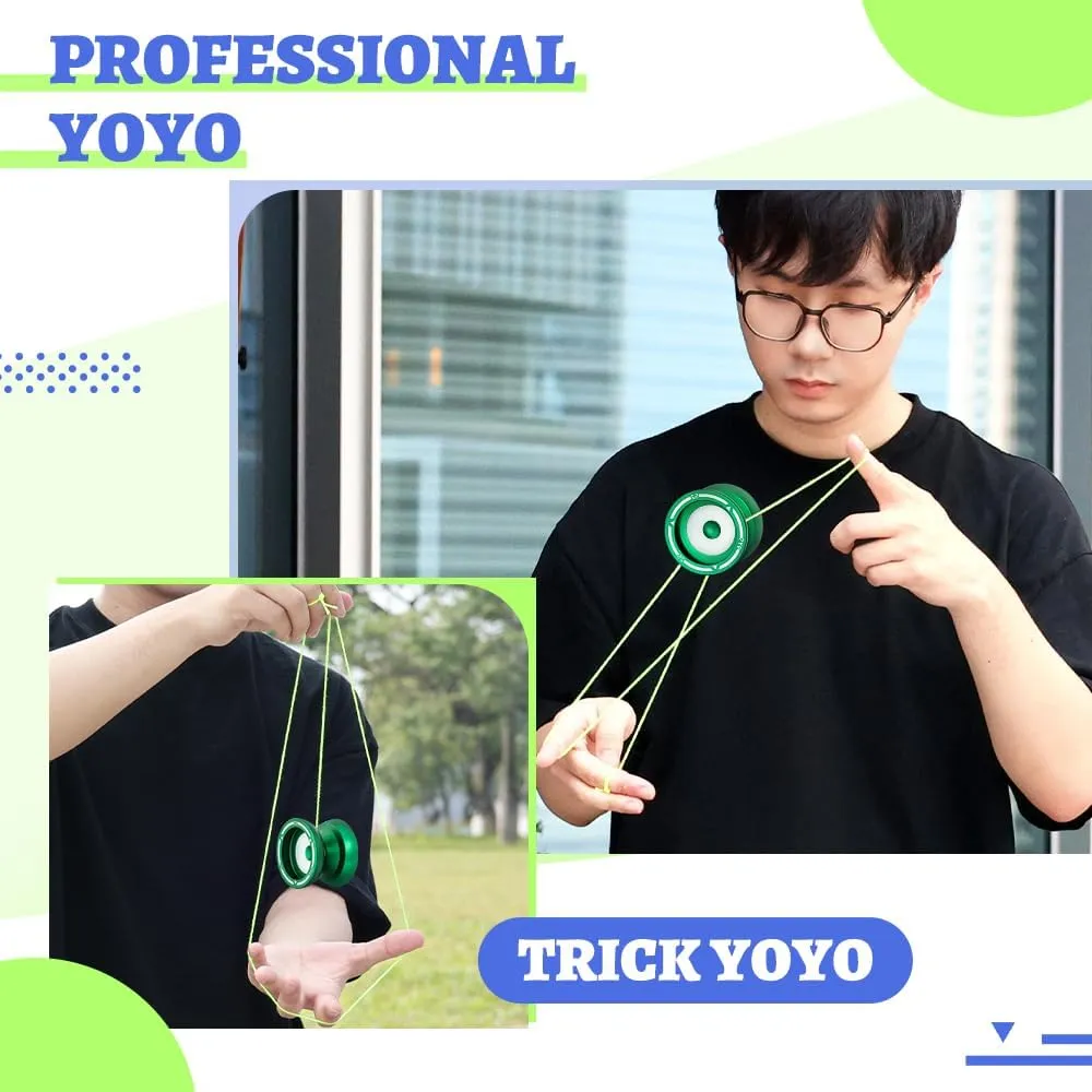 S2 Dual Purpose Yoyo for Beginner / Professional Finger Trick Yoyo, Responsive & Unresponsive Yo Yo with Bag Case   10 Yo-yo Strings (Green)